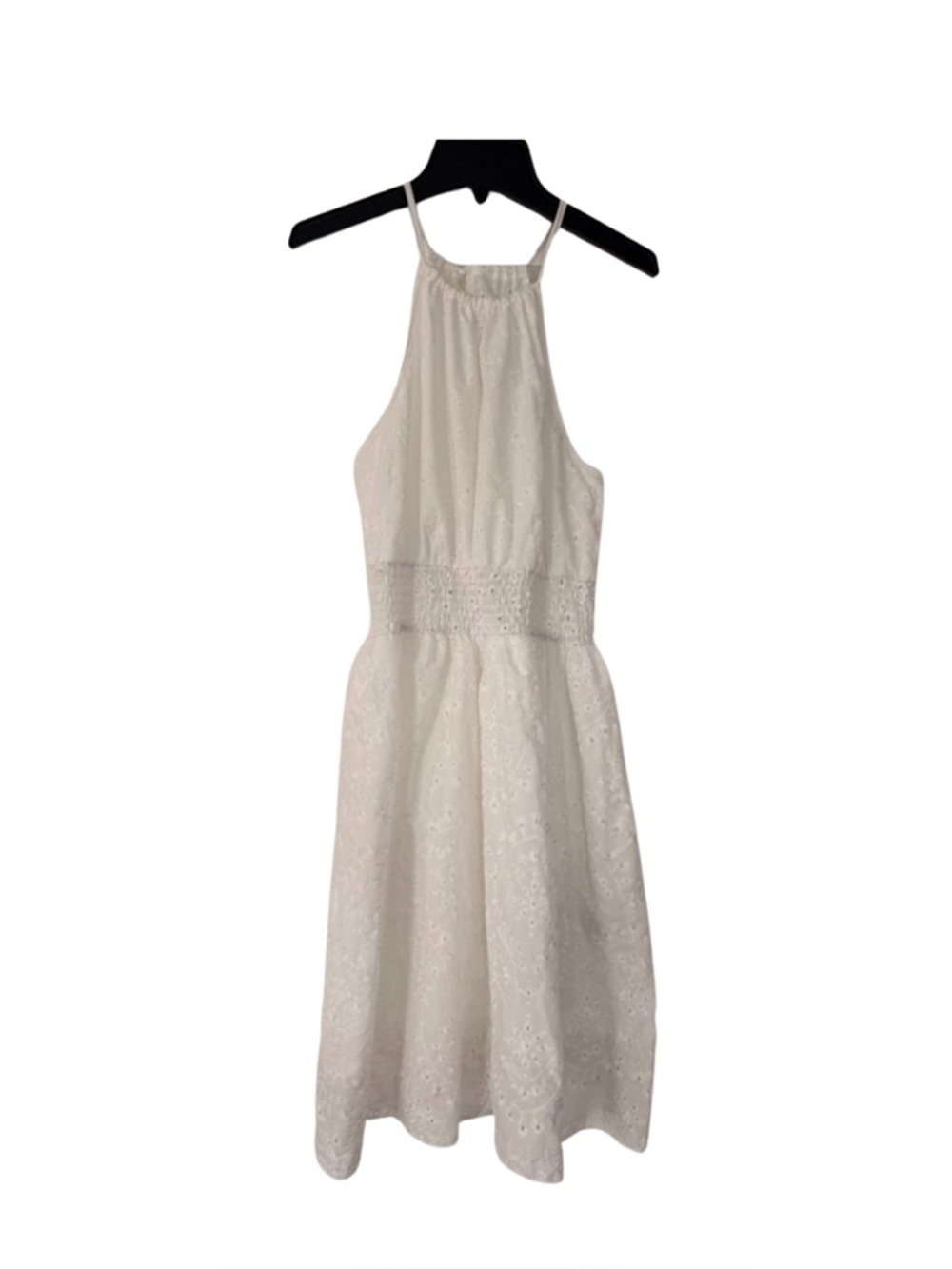 White Eyelet Halter Dress with Smocked Waist | Summer Bridal Shower Look